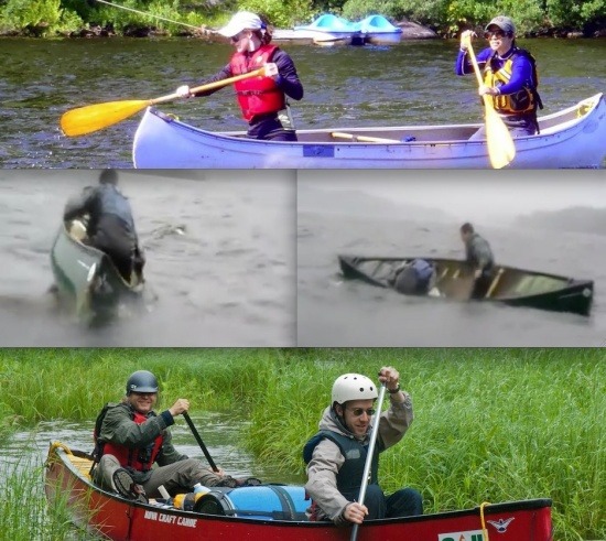 Canotage en duo. Remise à flot, autosauvetage, récupération. Dans les herbes et le ruisseau à méandres.